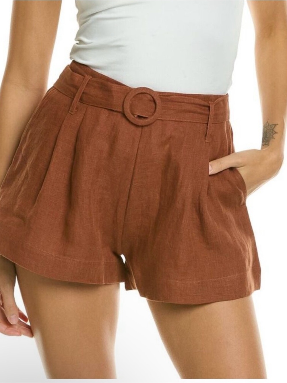 NWT Shani Shemer 100% Linen High Rise Pleated Belted Shorts Terracotta L